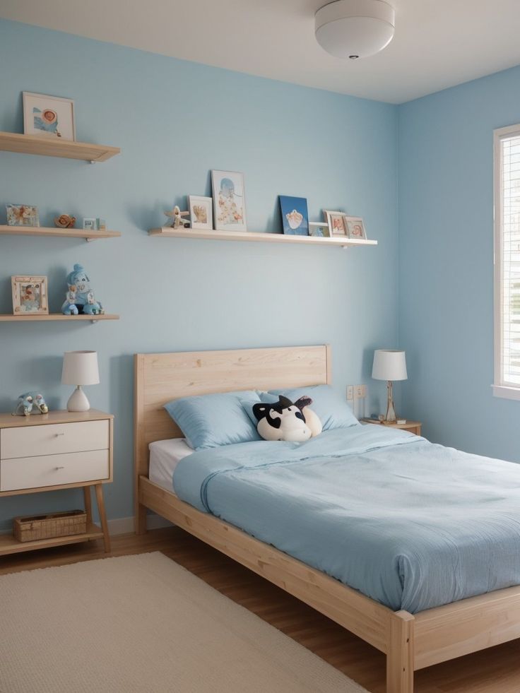 a bed room with a neatly made bed and two shelves on the wall above it