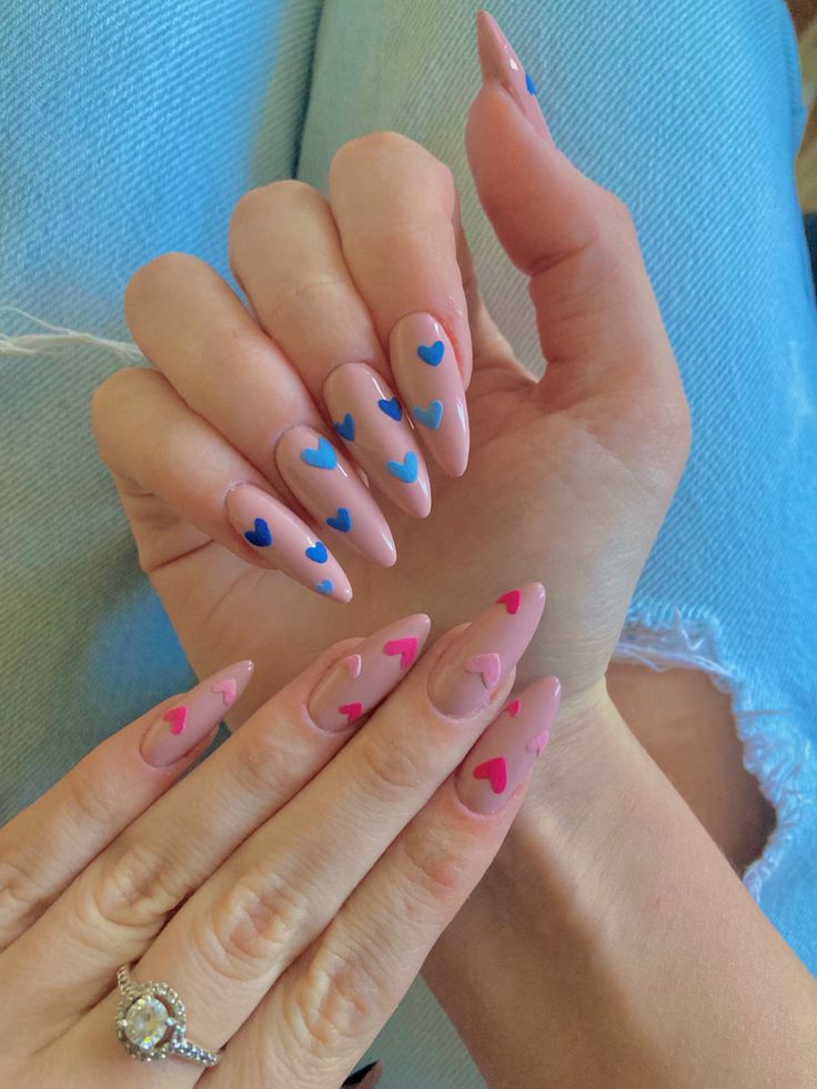 Blue Nails Valentines, Blue And Pink Valentine Nails, Nails Acrylic Gender Reveal, Blue Vday Nails, Blue And Pink Heart Nails, Bright Blue And Pink Nails, Gender Reveal Nails Almond, Blue Pink Nail Art, Gender Reveal Nail Designs