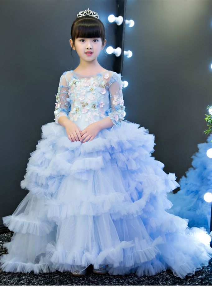 Silhouette:ball gown Hemline:floor length Neckline:scoop Fabric:tulle Sleeve Style:half sleeve Color:blue Back Style:lace up  Embellishment:appliques Ball Gown For Girls Kids, Gown For Girls Kids, Ball Gown Long Sleeve, Gown Long Sleeve, Red Ball Gown, Wedding Dresses For Kids, Princess Dress Kids, Baby Party Dress, Princess Flower Girl Dresses