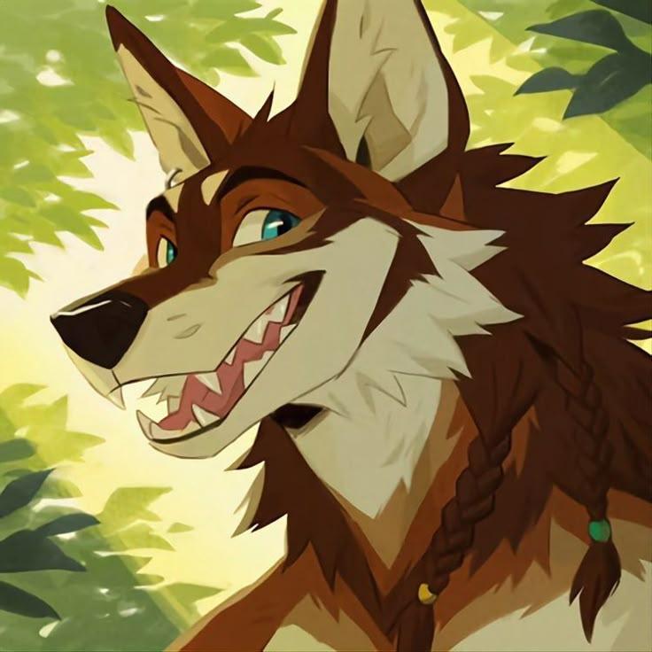 an animated image of a wolf with blue eyes and brown hair, standing in front of trees