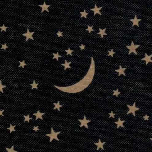 stars and crescents on black fabric with white dots in the sky, as well as a