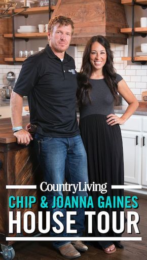 a man and woman standing next to each other in a kitchen with the words country living chip & joanna gains house tour