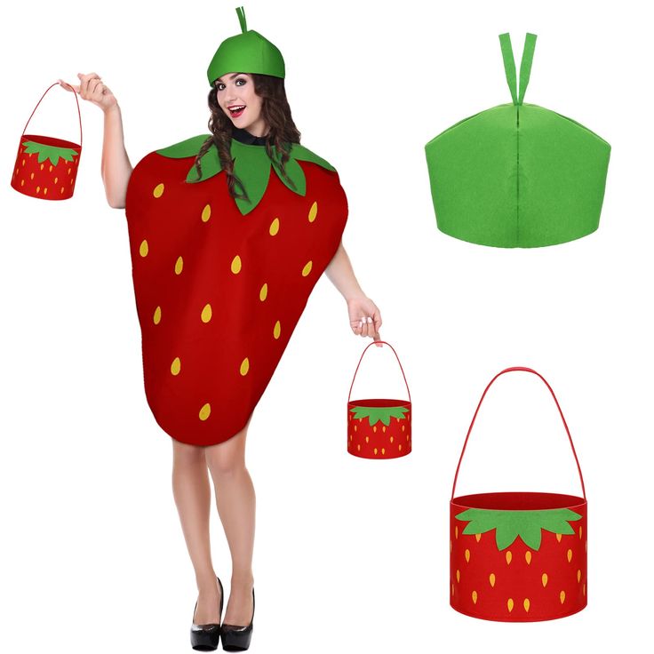 a woman in a strawberry costume holding two baskets