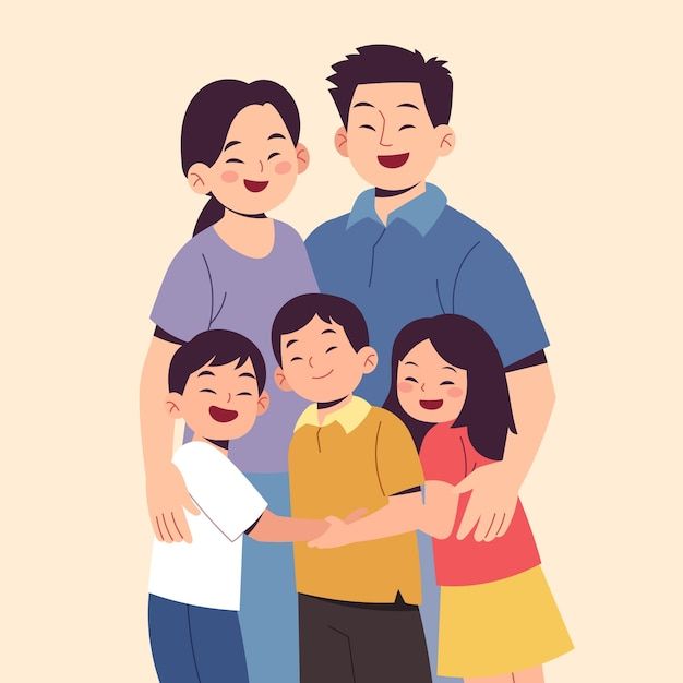 an illustration of a family with two children and one adult standing next to each other