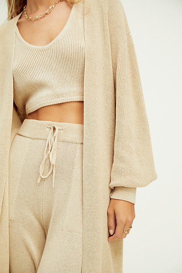 The three-piece set that you will truly live in featuring brami style cropped top, matching high-rise joggers and longline oversized cardigan for done-in-one style no matter the season. | Living In This Sweater Set by Free People in Tan, Size: XL Home Lounge Outfit, Two Piece Outfits Skirt, Autumn Color Palette Fashion, Lounge Fashion, Lounge Wear Sets, Wfh Outfits, Free People Set, Outfits Skirt, Fall 23