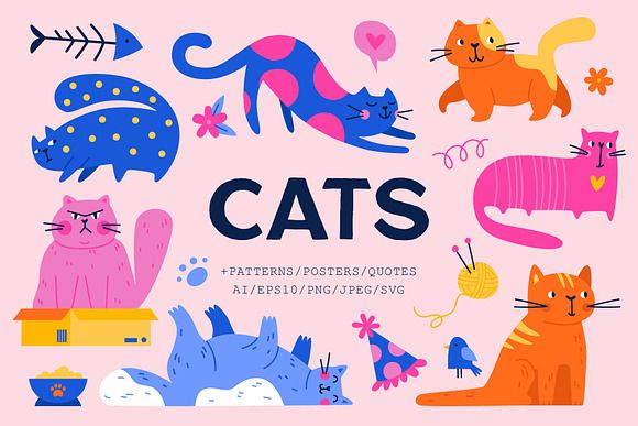 an image of cats in different colors and sizes on a pink background with the words cats