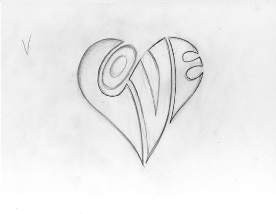 a pencil drawing of a heart with the letter o on it