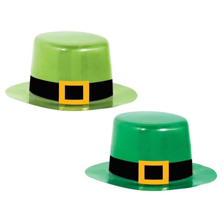 two green hats with black and yellow trims on each one's brim