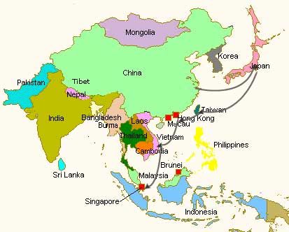 a map showing the major cities in asia and other countries with their respective names on it