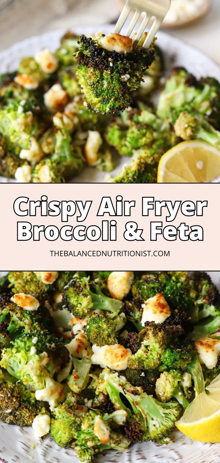 the broccoli and feta dish is served on a plate with a fork