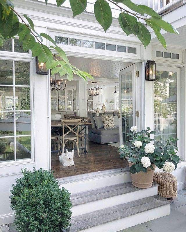 a porch with potted plants on the steps and an open door leading to another room