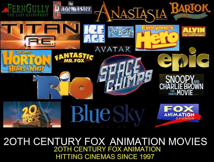 an advertisement for the 20th century fox animation movies, featuring various logos and title titles