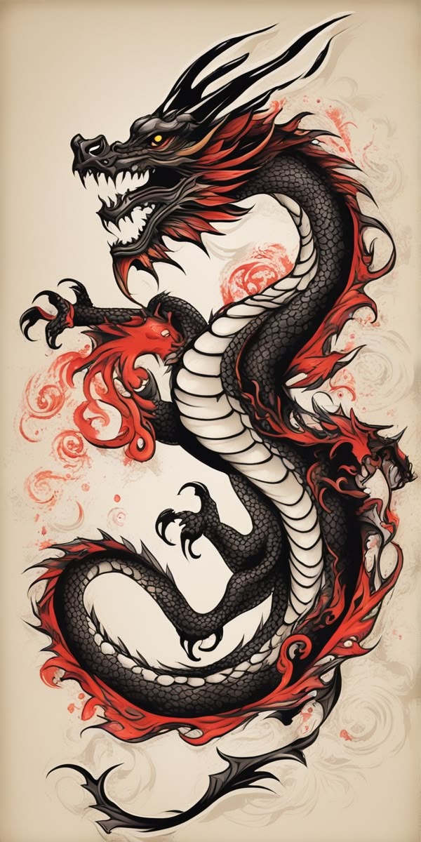 a drawing of a dragon with red flames on it