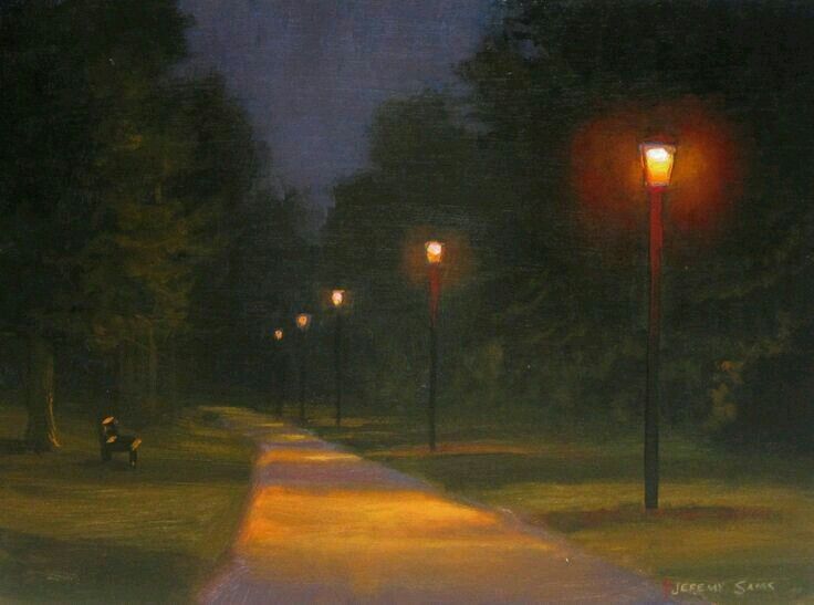 an oil painting of a park at night with street lights on the sidewalk and people walking down the path