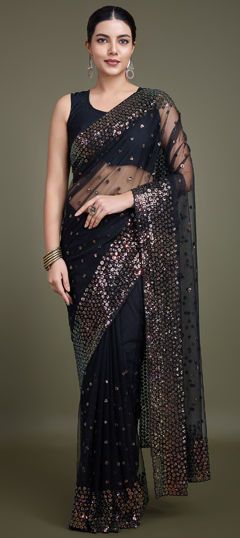 Black and Grey color Saree in Net fabric with Embroidered, Sequence, Thread work Embroidered Blouse Piece For Diwali Evening, Evening Embroidered Semi-stitched Saree, Embroidered Saree For Eid Evening, Bollywood Style Embroidered Evening Saree, Embroidered Saree For Evening And Eid, Embroidered Evening Saree For Eid, Embroidered Evening Saree For Festivals, Black Semi-stitched Embroidered Fabric With Pallu, Bollywood Style Black Embellished Dupatta