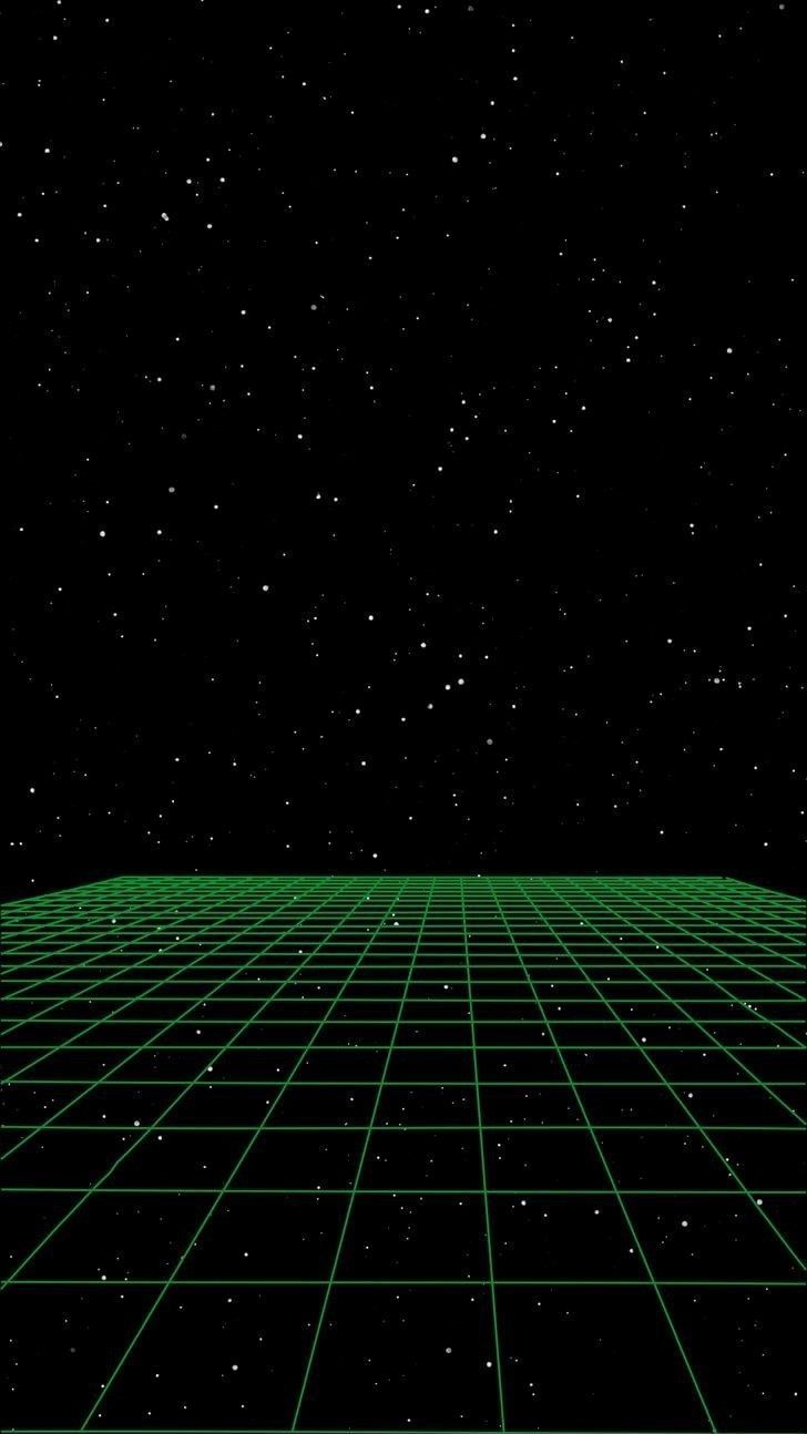 an image of a black and green background with stars in the sky above it that is made up of grids