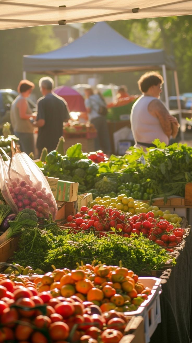 an open air market with lots of fresh fruits and vegetables for sale on the tables