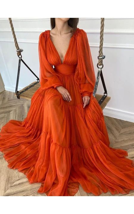 Shop Sexy V-neck Puff Long Sleeve Chiffon Layered Empire Dress Online. Dorris Wedding offers tons of high quality collections at affordable prices. Free shipping Now! Green Dress Formal, Orange Evening Dresses, Red Green Dress, Beauty Pageant Dresses, True Autumn, Chiffon Ruffle Dress, Orange Chiffon, 파티 드레스, Evening Party Gowns