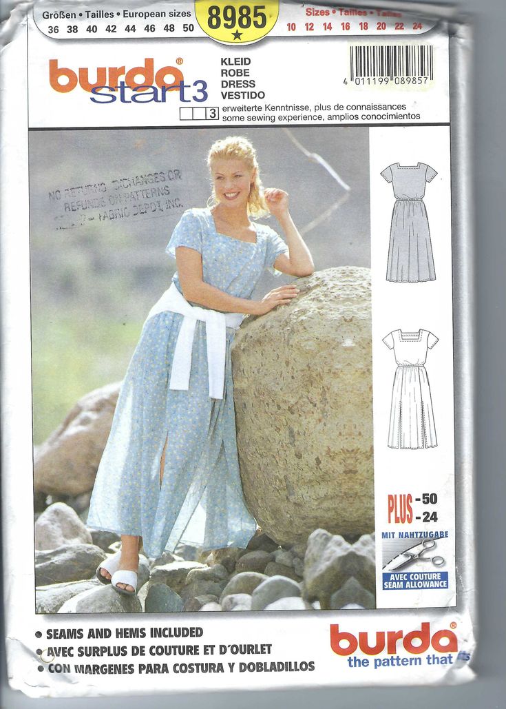 a woman in a dress sitting on top of a rock with the words burda sewing pattern