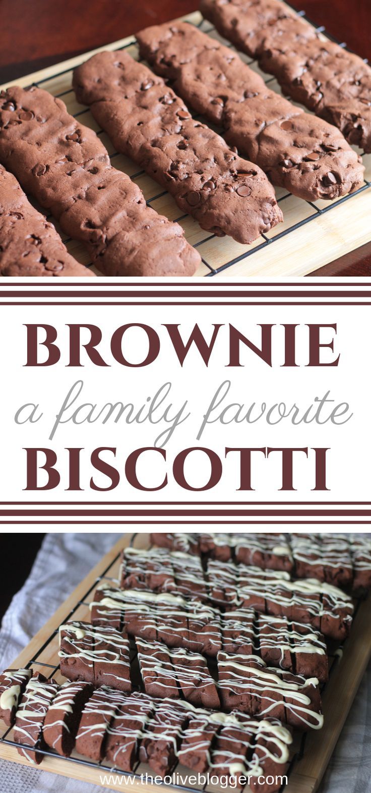 chocolate brownie cookies with white icing on a wooden tray and the words, brownie a family favorite biscotti