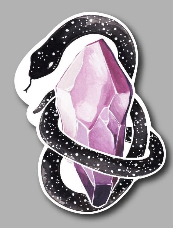 a sticker with an image of a snake wrapped around a pink crystal on it's back