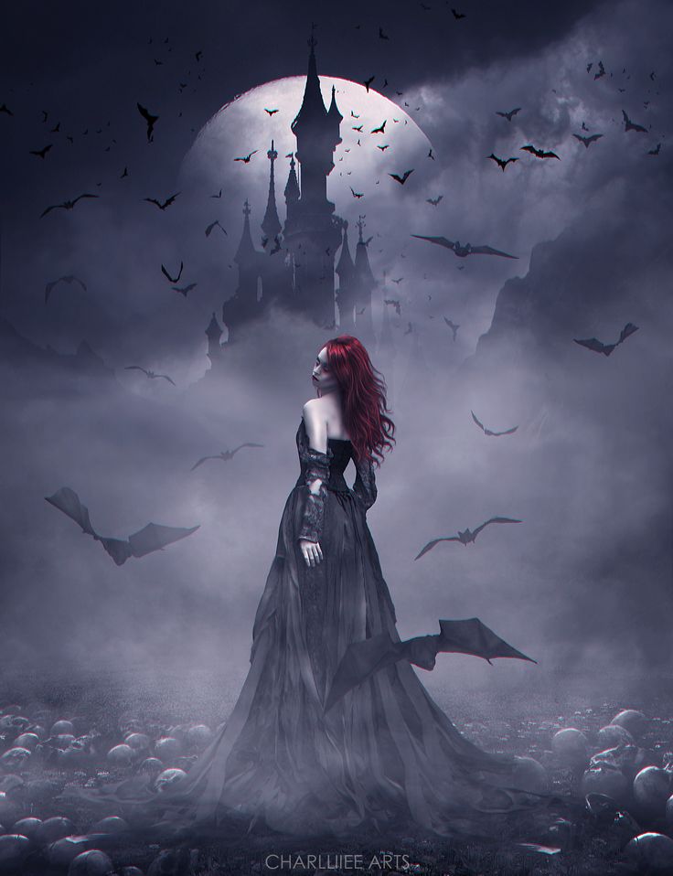 a woman with red hair standing in front of a castle surrounded by bats and bats