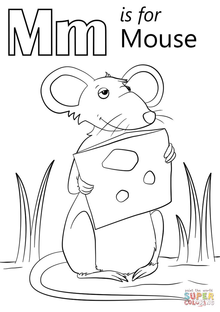 a mouse holding a piece of cheese with the words mmmm for mouse on it