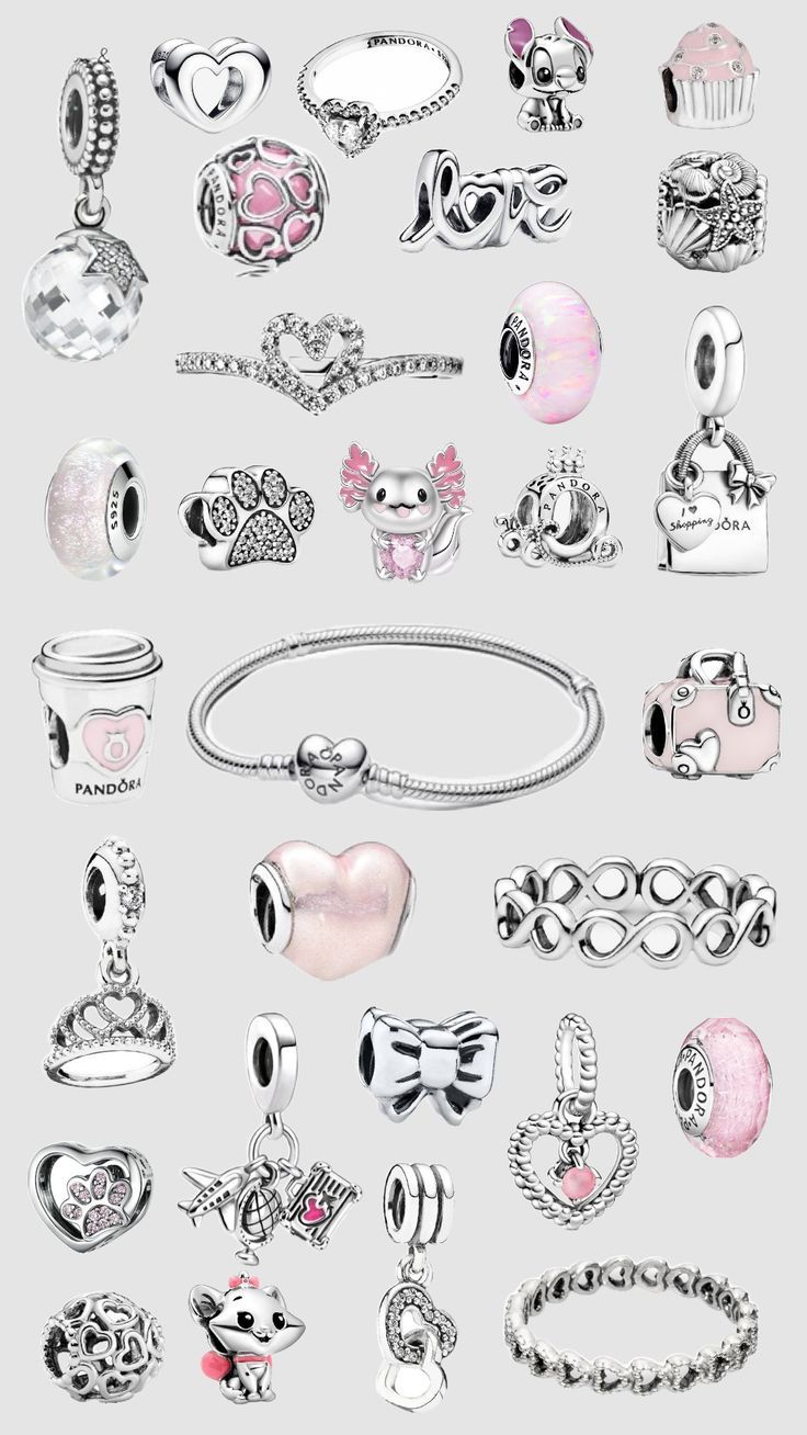 Pandora Aesthetic, Pandora Charms Pink, Pink Charms, Pandora Bracelet Charms Ideas, Xoxo Jewelry, Girly Bracelets, Pandora Bracelet Designs, Pandora Jewelry Charms, Airport Fits