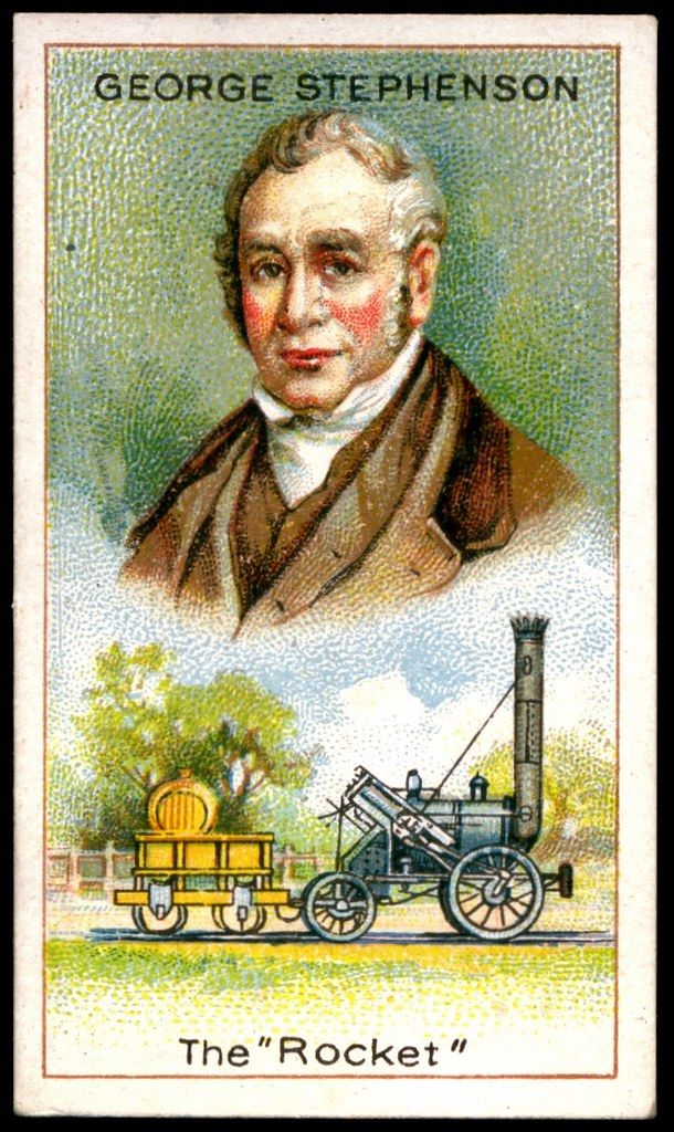 a stamp with an image of george stephen and the rocket on it's side