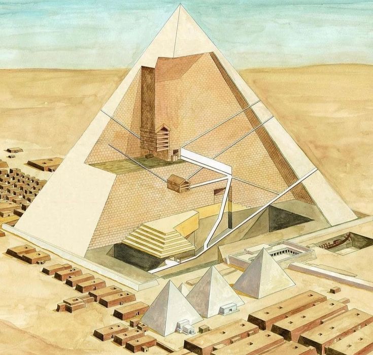 an artist's rendering of the great pyramid in egypt, with other structures surrounding it