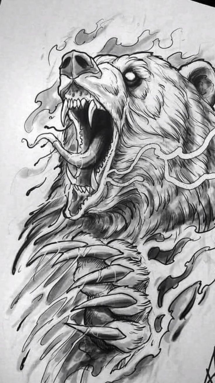 a drawing of a bear's head with flames coming out of its mouth and teeth