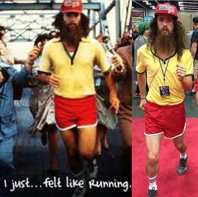 two men with long hair and beards running on a red carpet next to each other