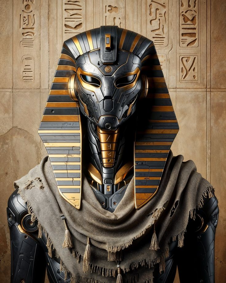 an egyptian statue with gold and black stripes on it's face, wearing a mask