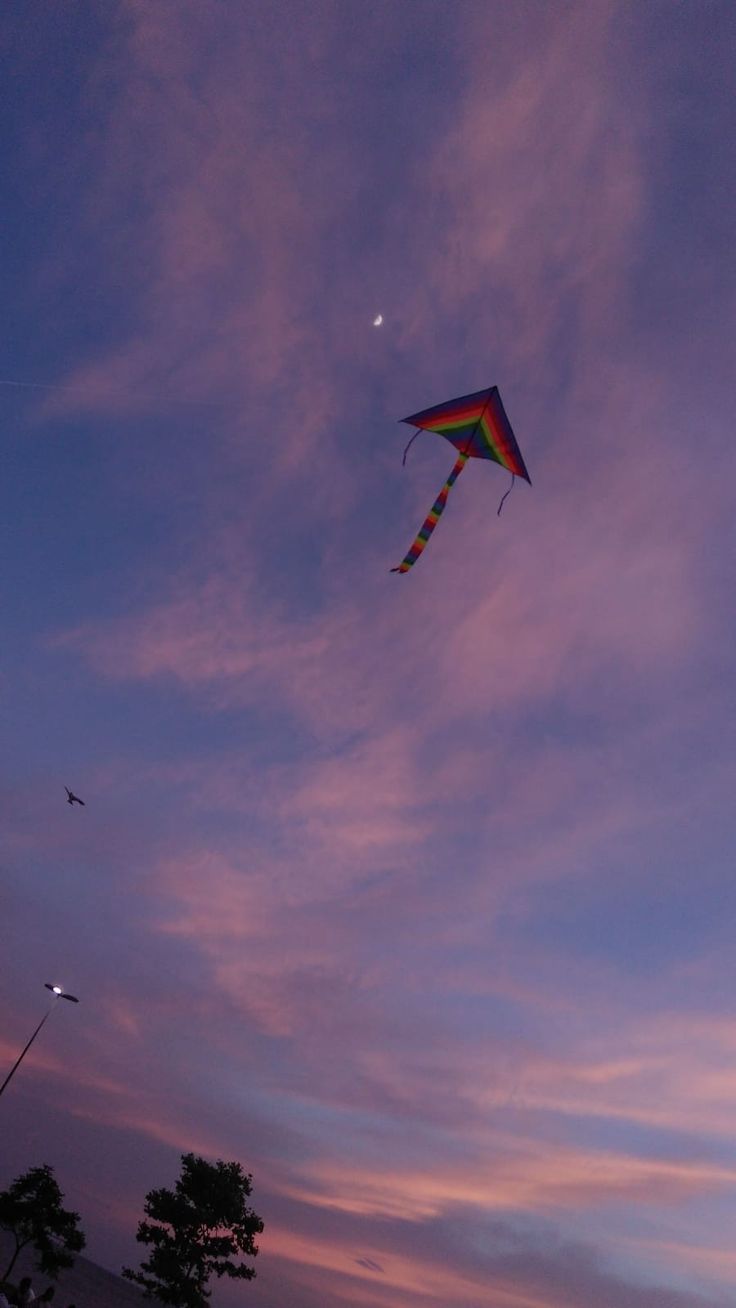 a kite flying high in the sky at sunset