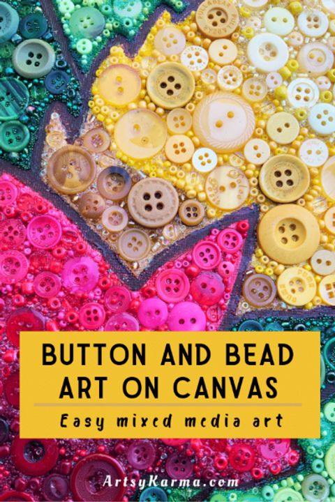 button and bead art on canvas with text overlay