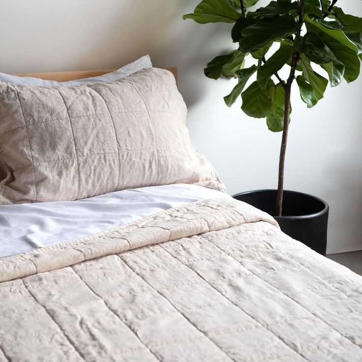 a bed with two pillows and a potted plant