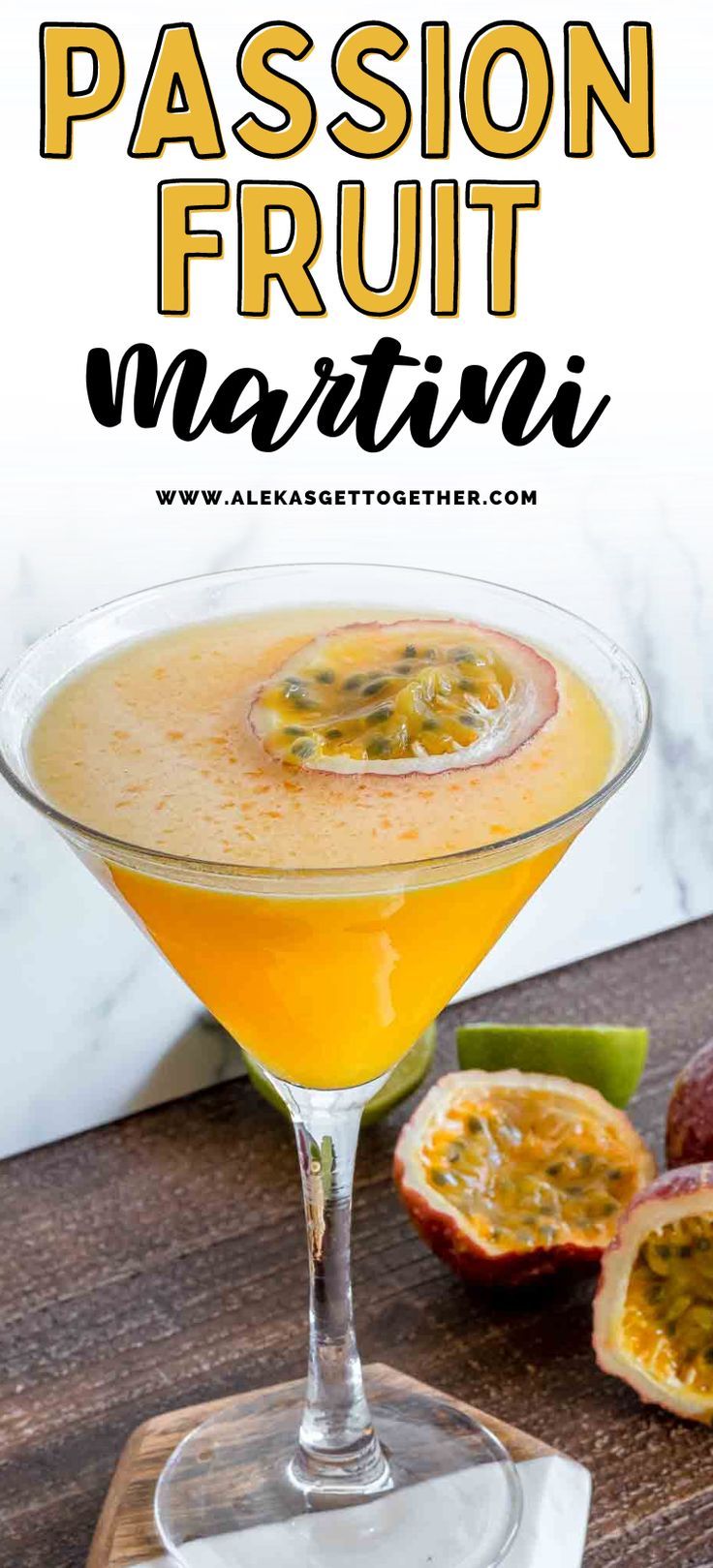 passion fruit martini in a coupe glass garnished with an orange slice