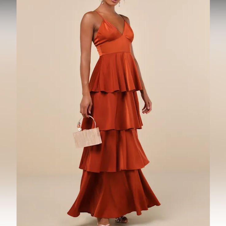 Nwt Never Worn Open To Offers Satin Rust Bridesmaid Dresses, Terra Cotta Bridesmaid Dresses, Mexico Wedding Guest Dress, Cinnamon Bridesmaid Dresses, Orange Bridesmaids Dresses, Burnt Orange Bridesmaid Dresses, Tiered Gown, Rust Bridesmaid Dress, Copper Dress