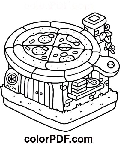 a coloring page with pizzas in the oven and other foods on top of it