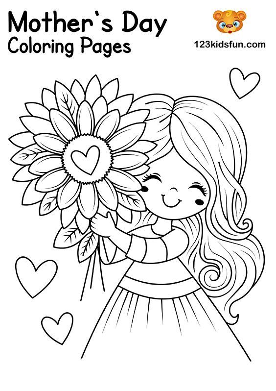 mother's day coloring pages with a girl holding a sunflower and hearts in the background