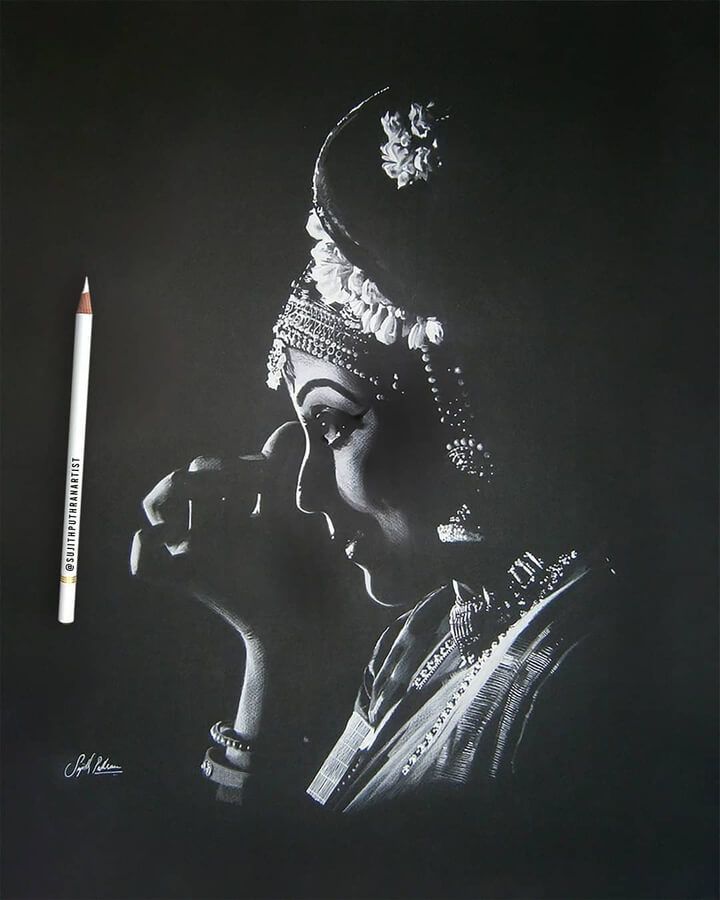 Preparing for an important occasion. White Pencil Portraits. Click the image, for more art from Sujith Puthran. Tattoo Pencil, Easy Pencil Drawings, Drawing Dragon, Charcoal Paint, Black Canvas Art, Black Paper Drawing, Charcoal Sketch, Black And White Sketches, Charcoal Art