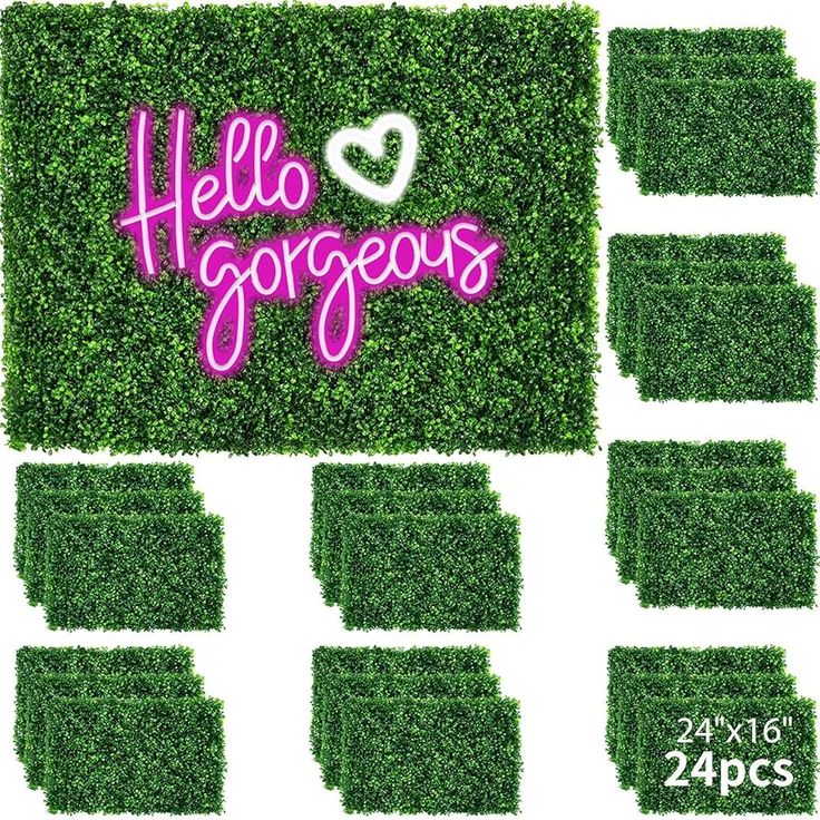 the words hello gorgeous are written in pink on top of green grass, surrounded by small squares