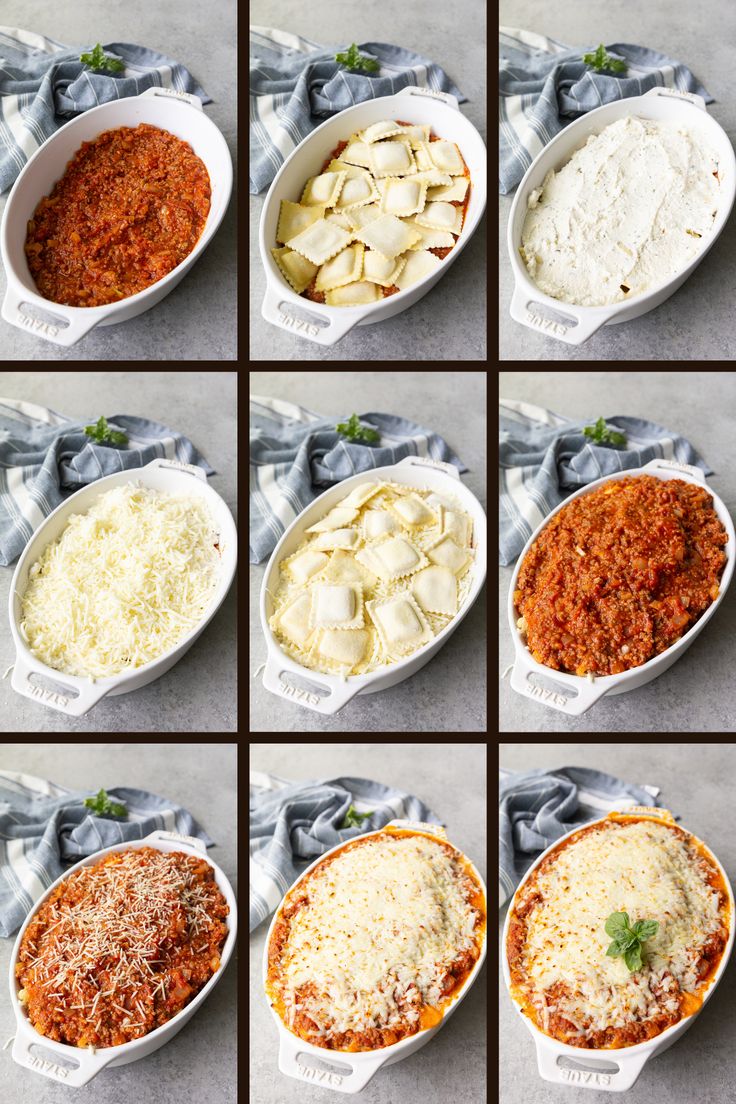 six images show different stages of making lasagna casserole