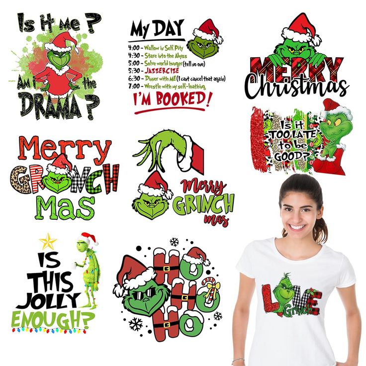 a woman standing next to some christmas stickers