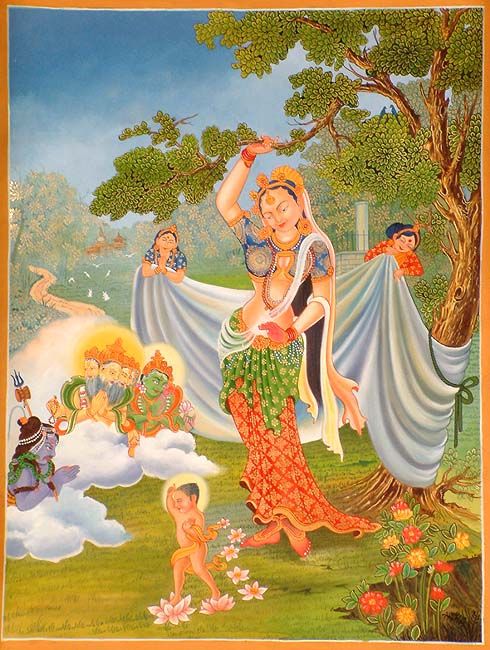 an oil painting on canvas of a woman dancing in the forest with other people around her