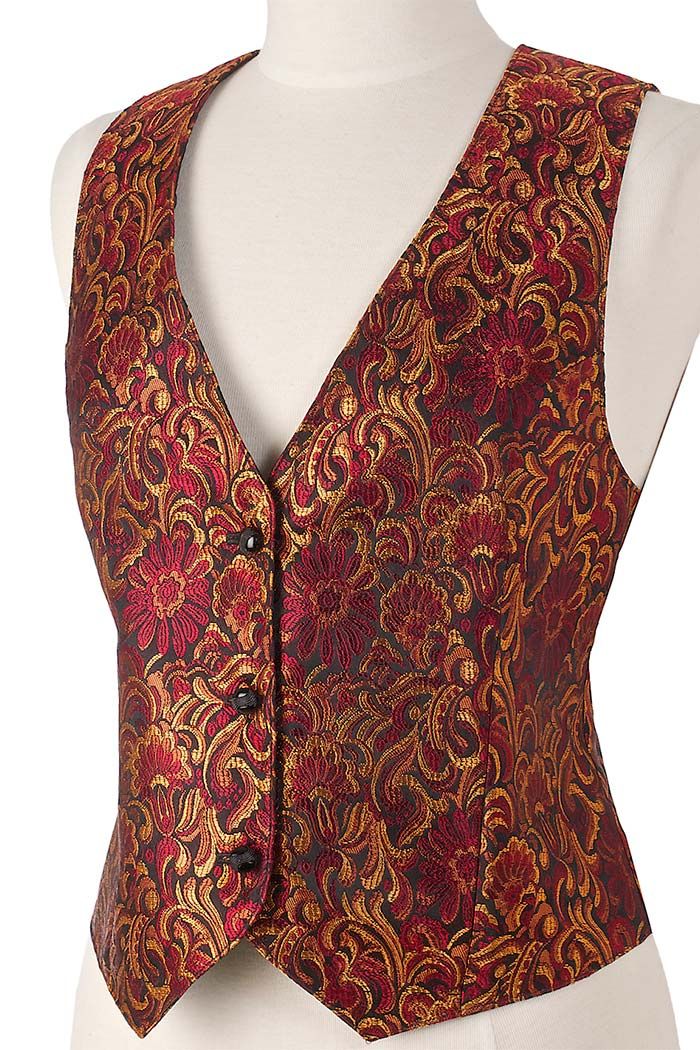 Womens red, black, and gold brocade vest Brocade Waistcoat For Women, Waistcoat Designs Women, Brocade Jackets Women, Dresses With Turtle Neck, Ladies Jacket Designs, Turtle Neck Dresses, Brocade Vest, Women Vests, Ladies Waistcoat