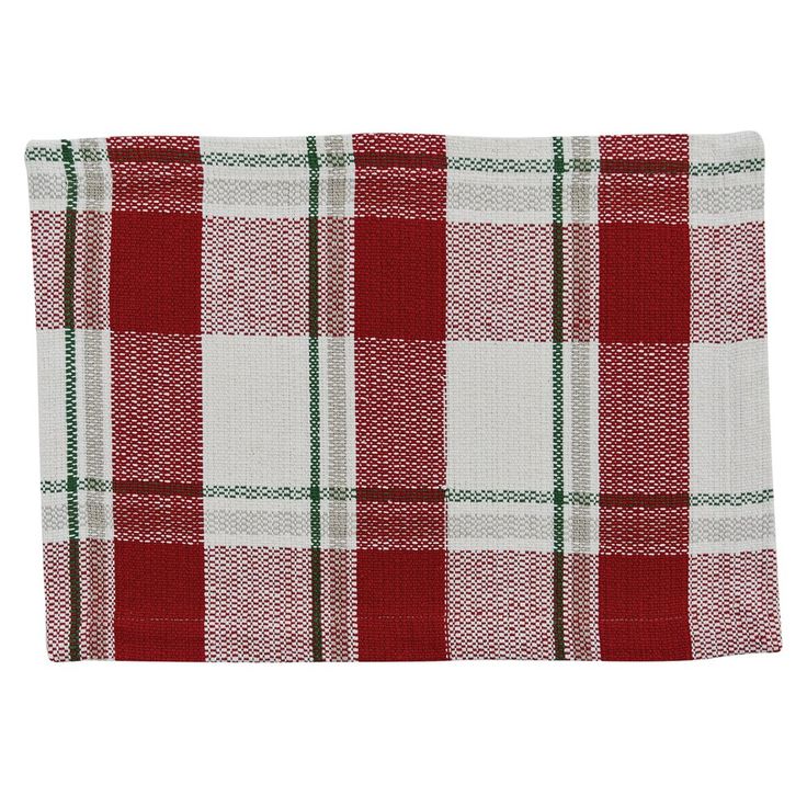 a red and white checkered placemat on a white background with green trimmings