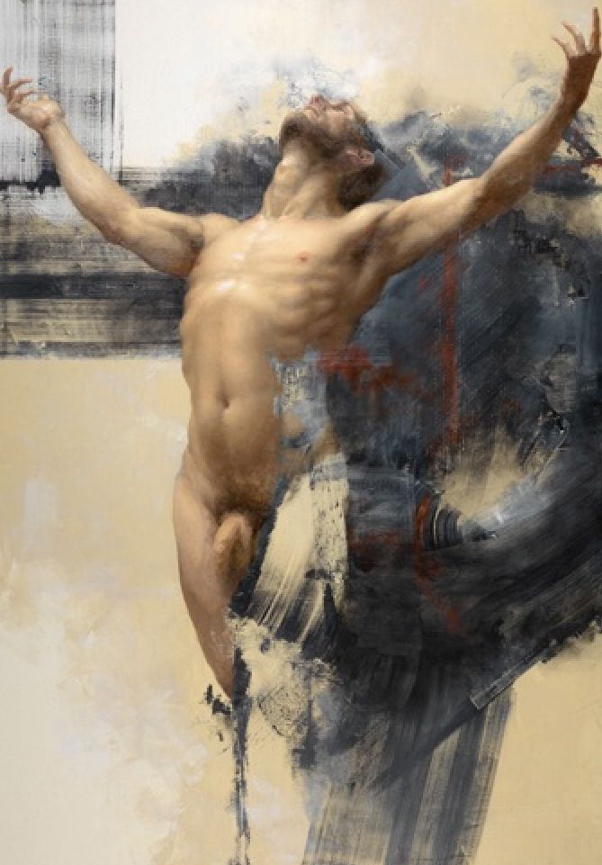 a painting of a man with his arms outstretched