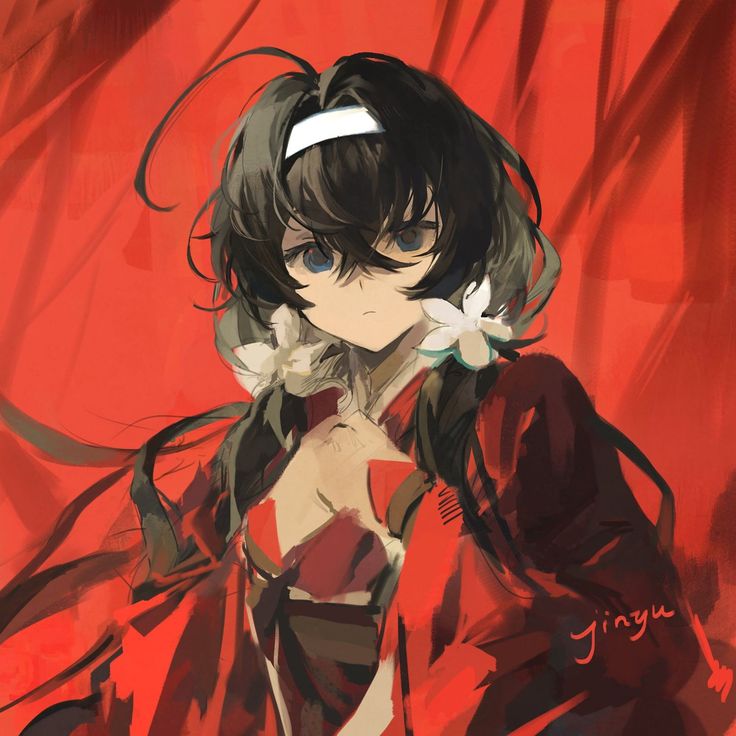 an anime character with long black hair wearing a red dress and flower in her hair