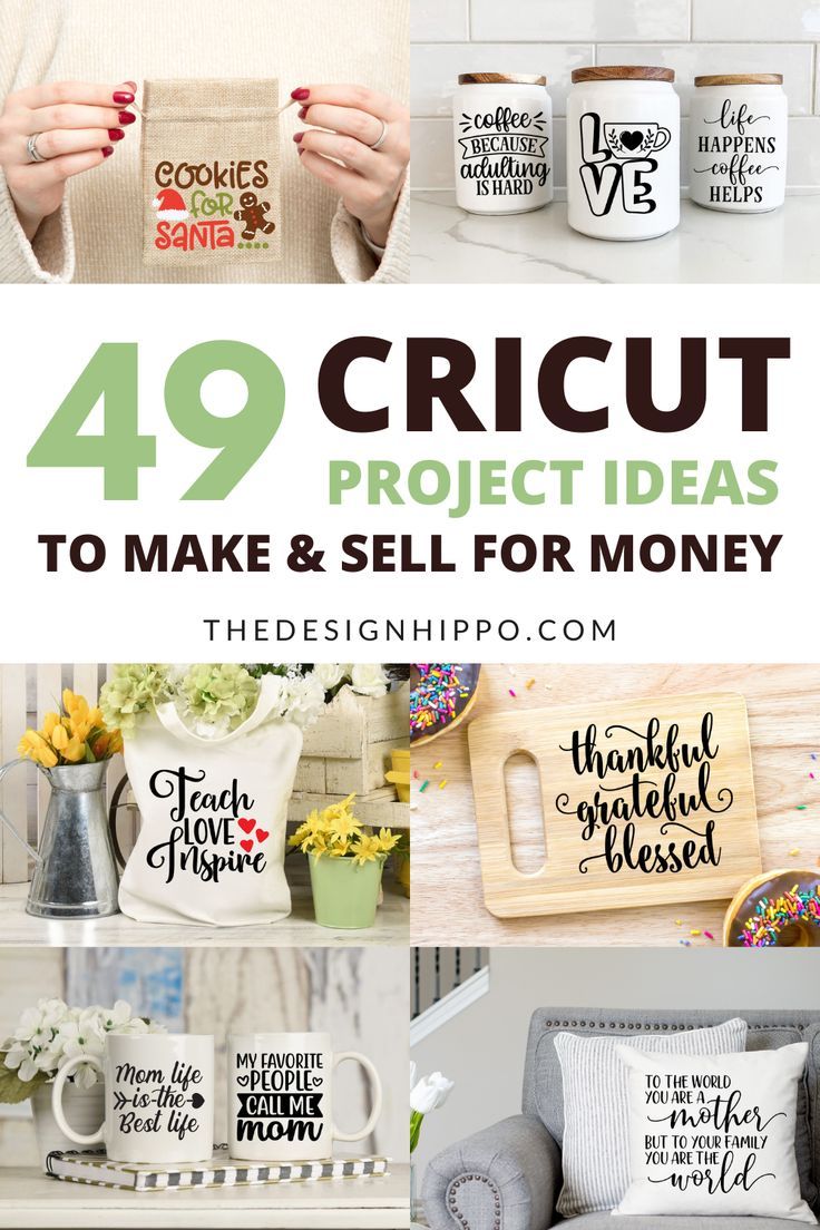 some coffee cups and mugs with the words 40 cricut project ideas to make and sell for money